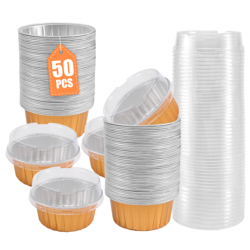 Dessert Cups with Lids,50 Pack Gold Aluminum Foil Baking Cups Holders