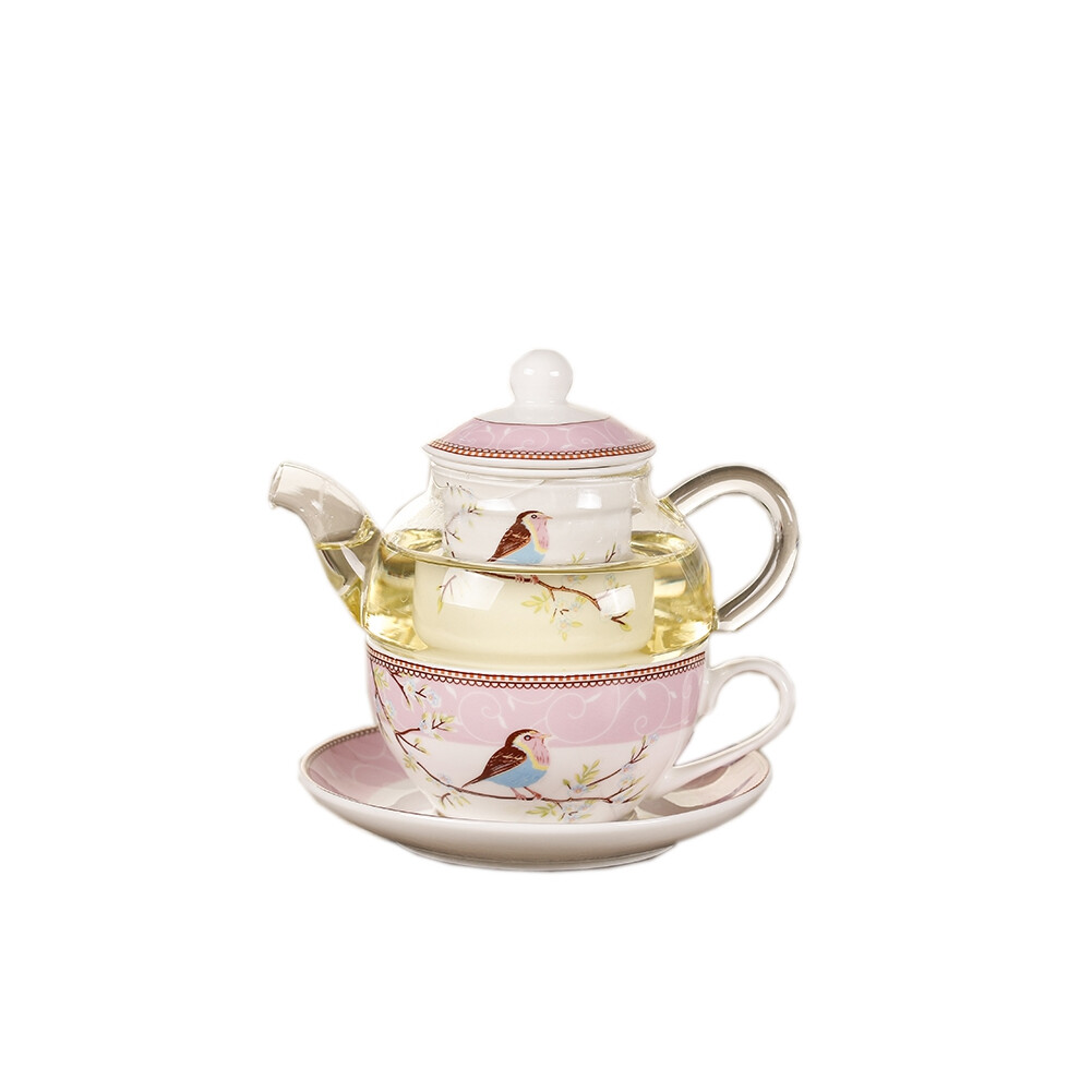 Théière en céramique avec fleurs, oiseau, tasse, soucoupe et pot en verre, ensemble rose