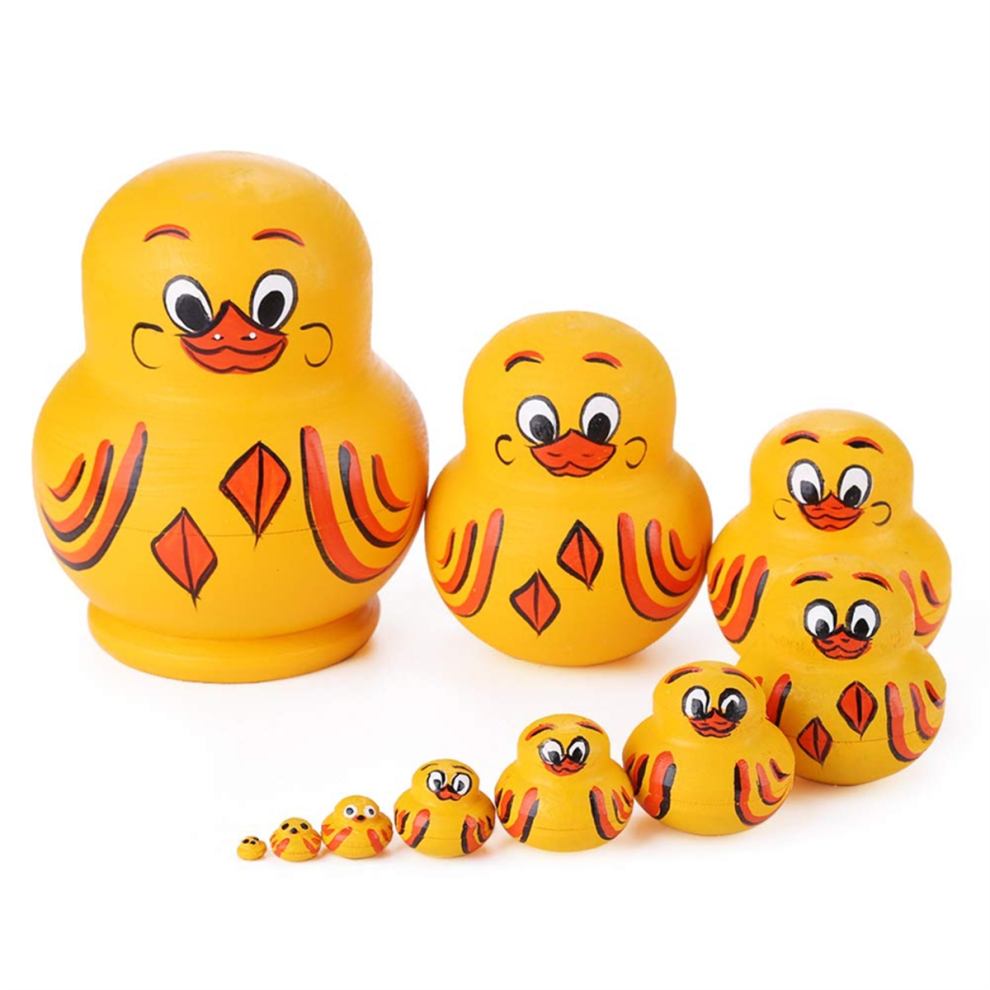 Lot de 10 poupées russes gigognes en bois jaune faites à la main