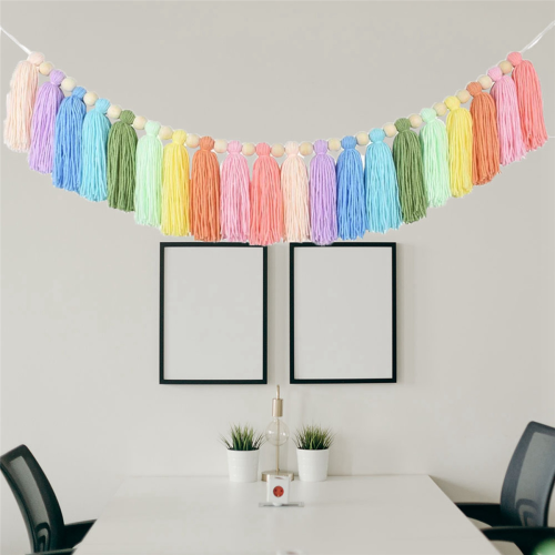 Guirlanda de franjas arco-íris de 37 polegadas com contas de madeira para decoração de quarto e festas 1