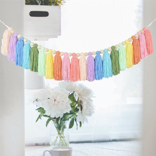 Guirlanda de franjas arco-íris de 37 polegadas com contas de madeira para decoração de quarto e festas 2