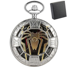 (med låda) Cool Spider Display Hollow Quartz Fickur Vintage Hängande Klocka med Silverhalsband