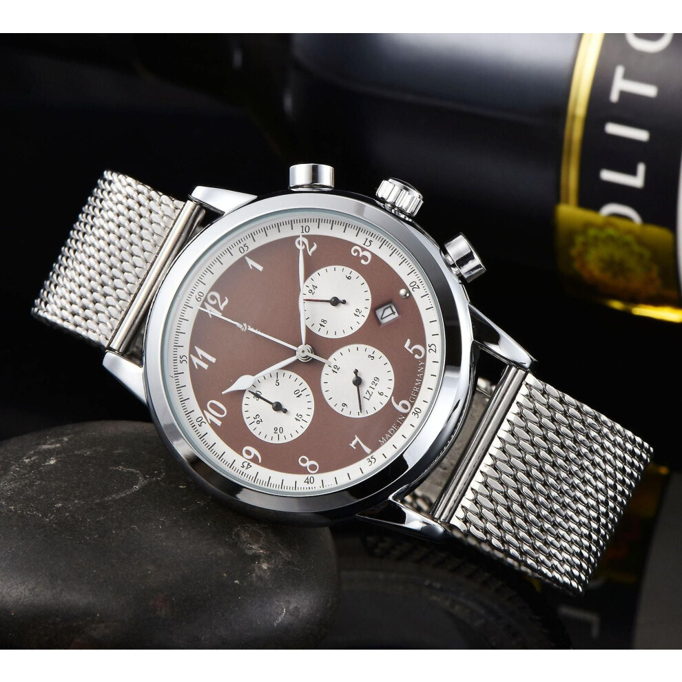 (Ceinture en maille surface café) Montre à quartz multifonctionnelle décontractée à 6 broches pour homme