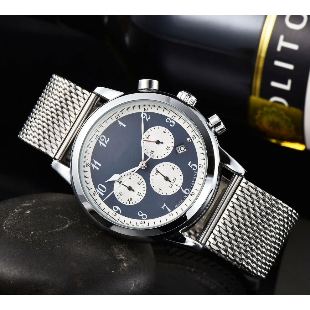 (Ceinture en maille bleue) Montre à quartz multifonctionnelle décontractée à 6 broches pour homme