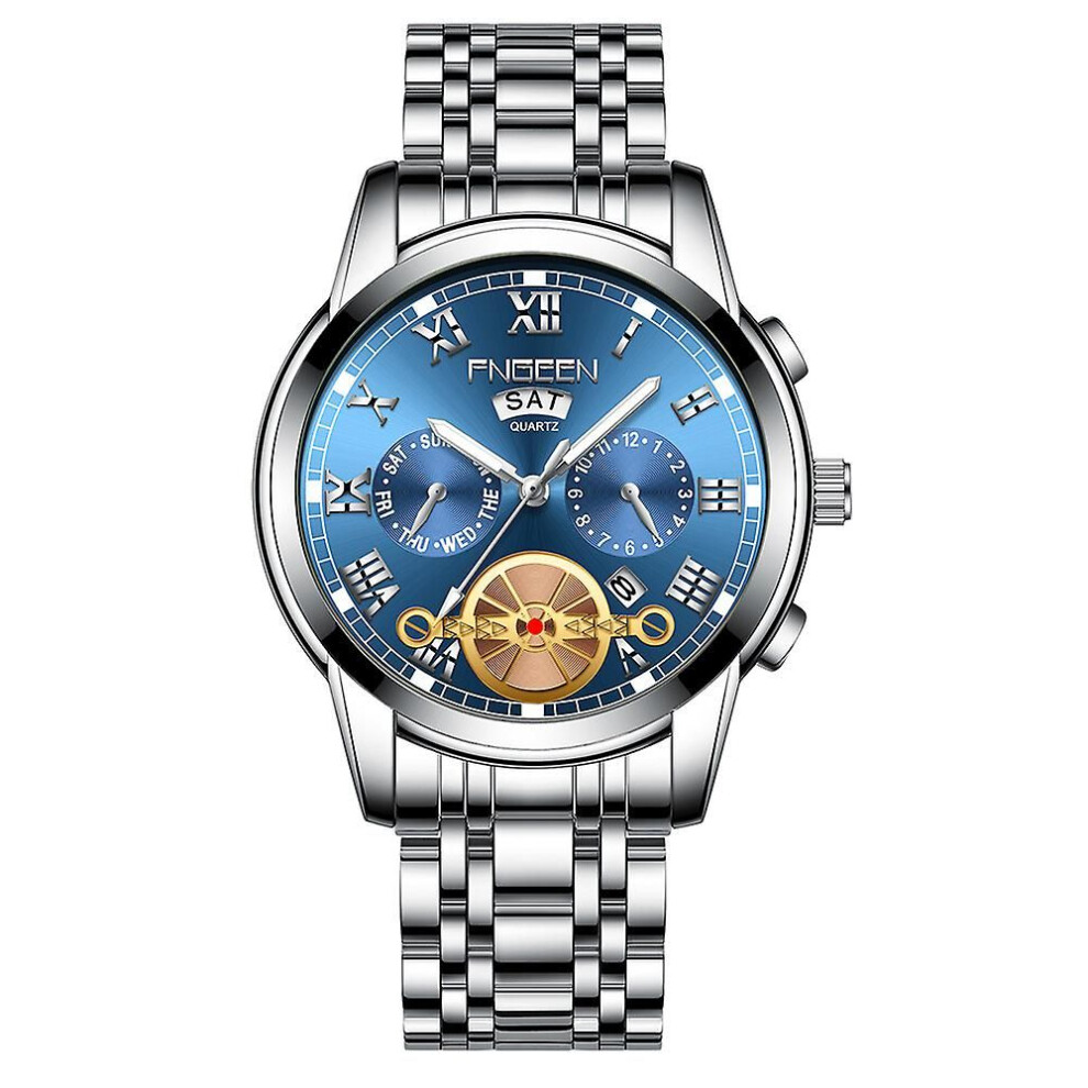Montre pour homme (argent bleu) Relojes De Hombre en acier inoxydable à quartz classique étanche