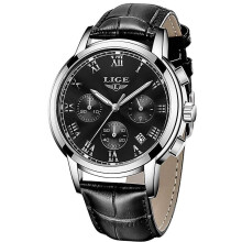 (Zwart zilver) Herenhorloges Merk Luxe Leren Casual Quartz Horloge Voor Heren Sport Waterdicht Klok