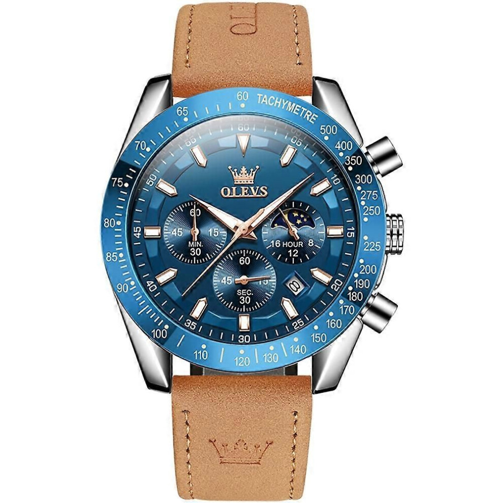 Montre à quartz pour homme OLEVS 9957 avec bracelet en cuir bleu et or rose