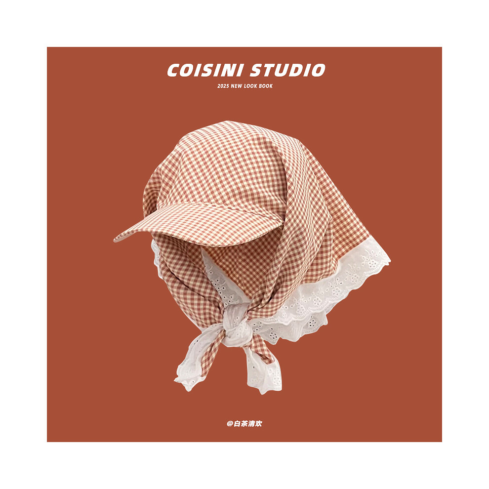 (56-58 cm - orange) Nouveau foulard japonais frais à carreaux avec bordure en dentelle pour femmes,