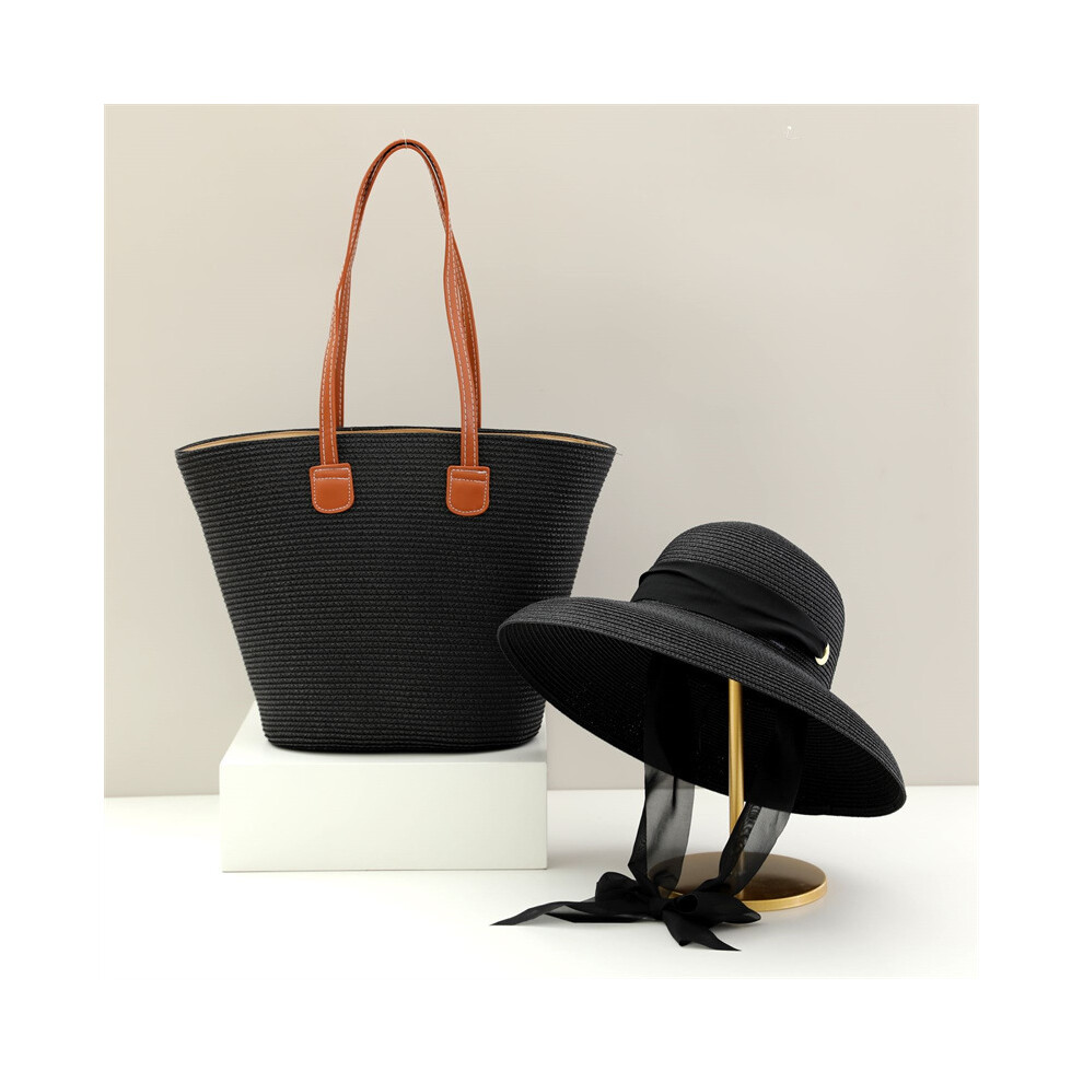 (sac noir uniquement) Ensemble 2 pièces : chapeaux de soleil en paille et sac fourre-tout, chapeau de
