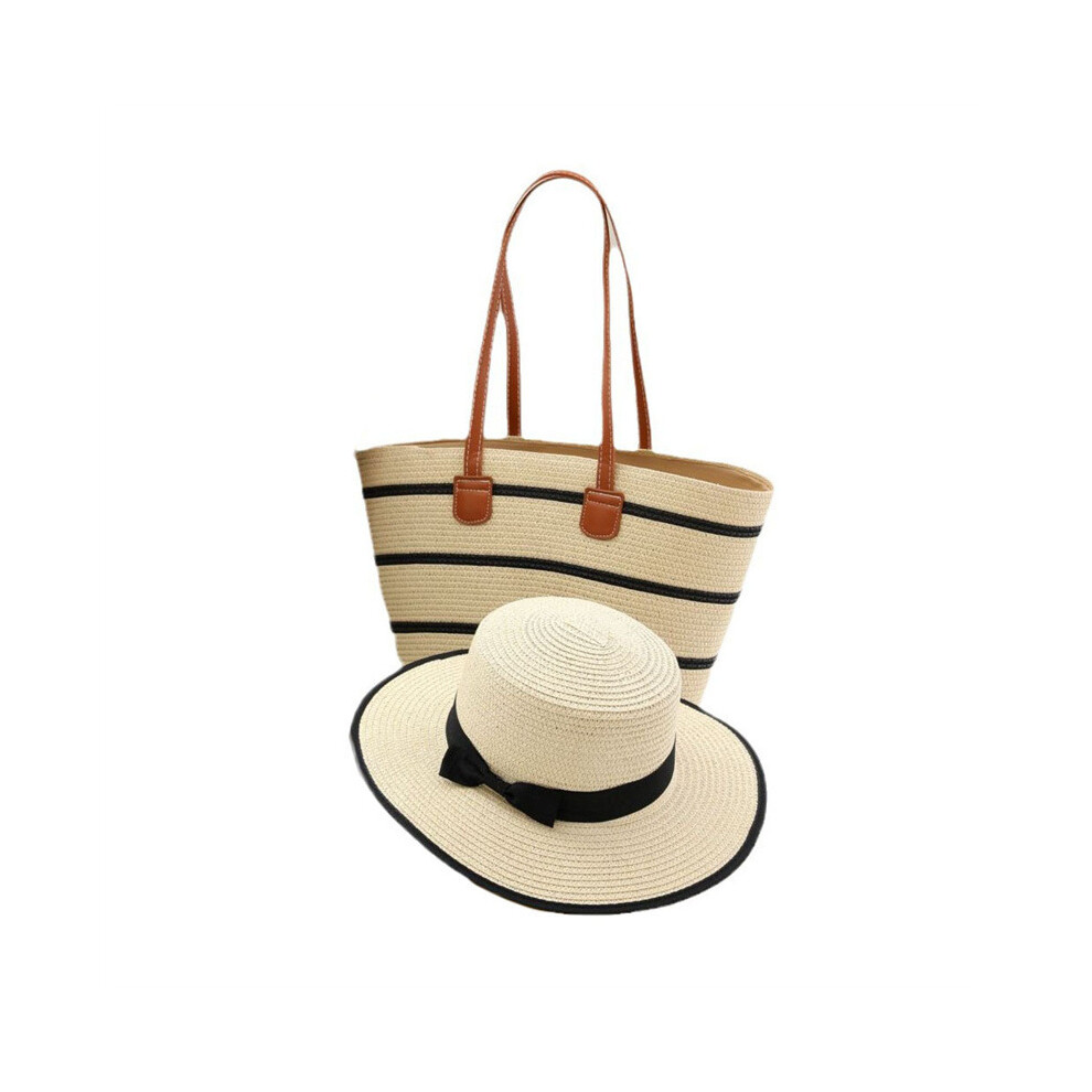 (Chapeau beige uniquement) Ensemble de deux pièces pour chapeau de soleil en paille pour femme, chapeaux