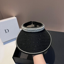 (Nero) Cappello a cilindro vuoto da donna con protezione solare e strass di lusso, Panama, estivo, con