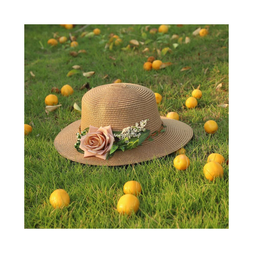 (M 56-58-4) chapeau plat pour femme, chapeau à fleurs, chapeau de plage, casquette de baril, chapeau