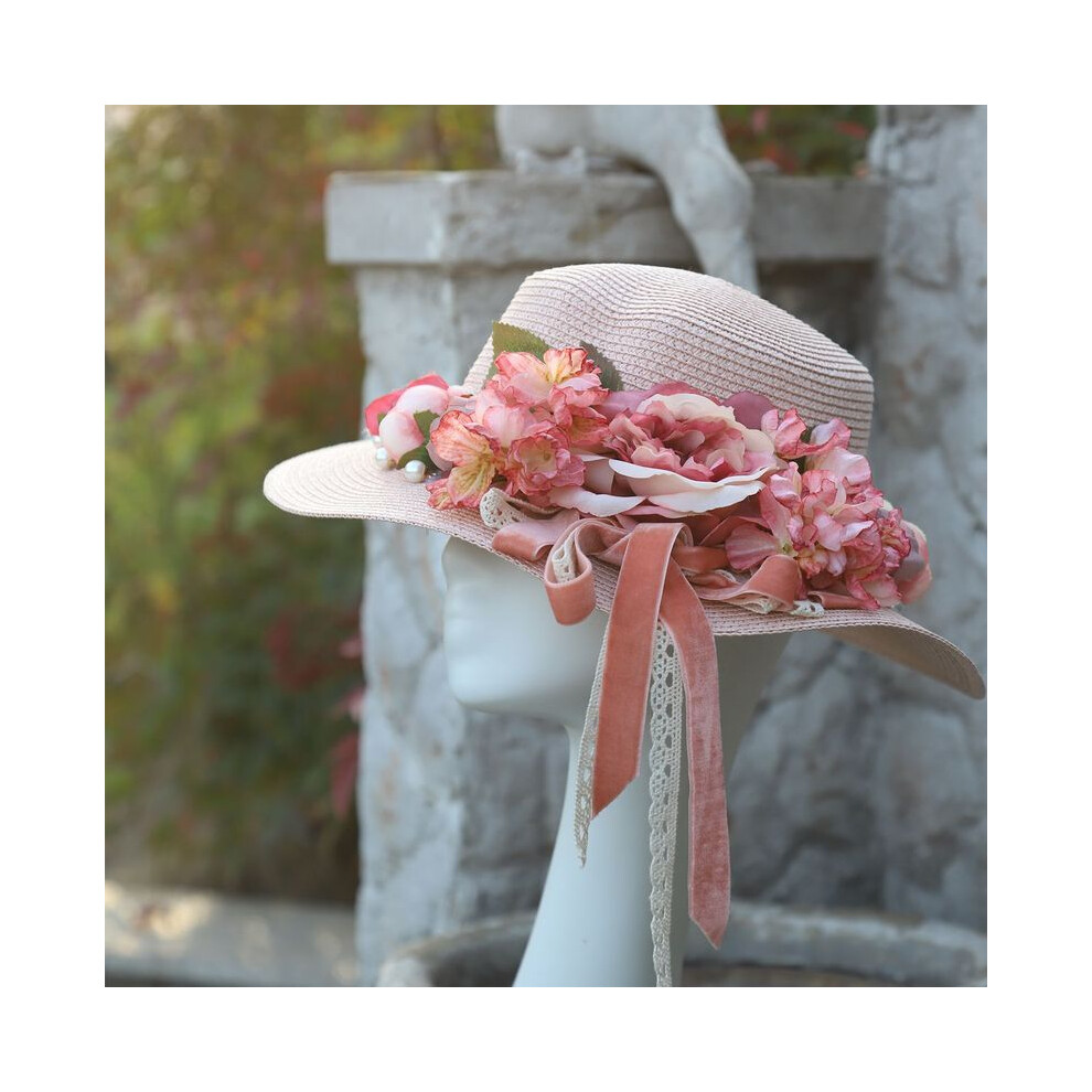 (M 56-58-7) chapeau plat pour femme, chapeau à fleurs, chapeau de plage, casquette de baril, chapeau