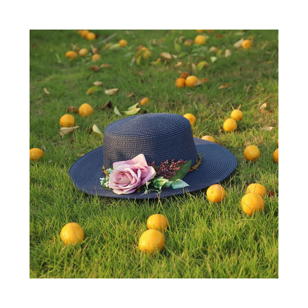 (M 56-58-1) chapeau plat pour femme, chapeau à fleurs, chapeau de plage, casquette de baril, chapeau