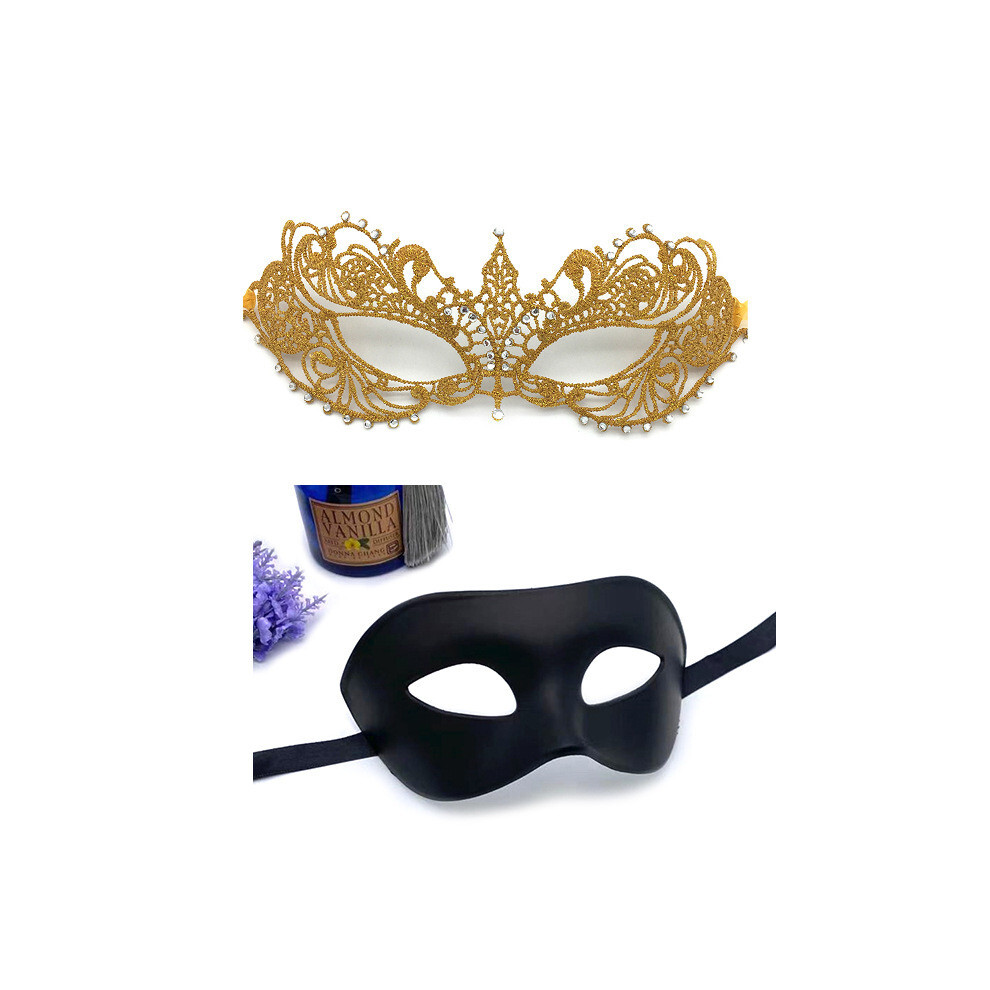 (Gold Dazzle Mask) Couple Mask Halloween Set With Rhinestones And Lace For Party Holiday Costumes-image-OPC-PHT2RSK-NEW