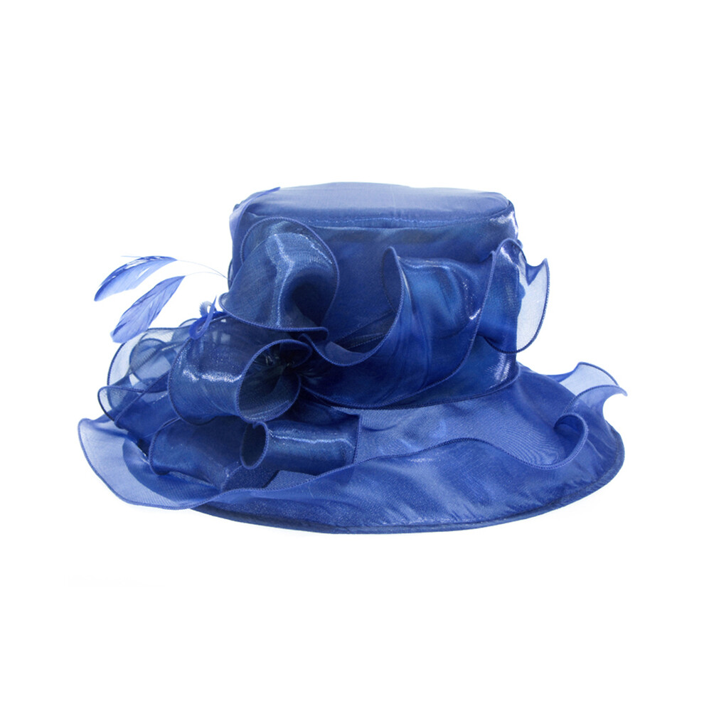 (56-60-bleu) Chapeau d'église spécial en organza brillant et plumes pour femme, chapeau d'été pour femme