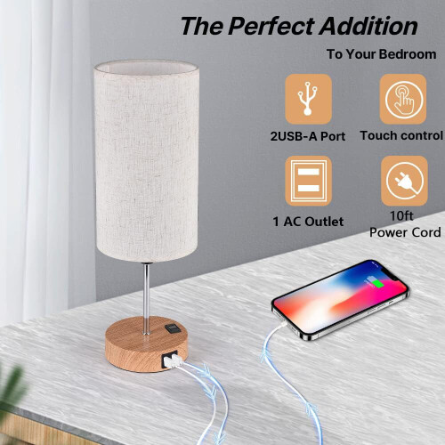 Touch Control Bedside Lamps 3-Way Dimmable Table Lamp w/ USB Charging Ports 2