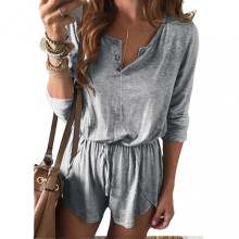 Long Sleeve Shorts Jumpsuit Lace Up V Neck Solid Color Breathable Women's Clothing Gray L