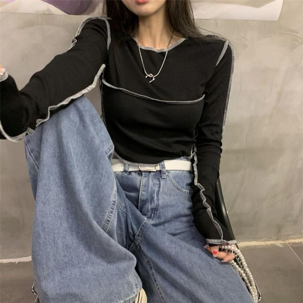 (XL, black) Long Sleeve T-shirts Women O-neck Skinny All-match Design Tops Female Tees Clothes Cozy Classic Spring Daily Basic Popular Teens