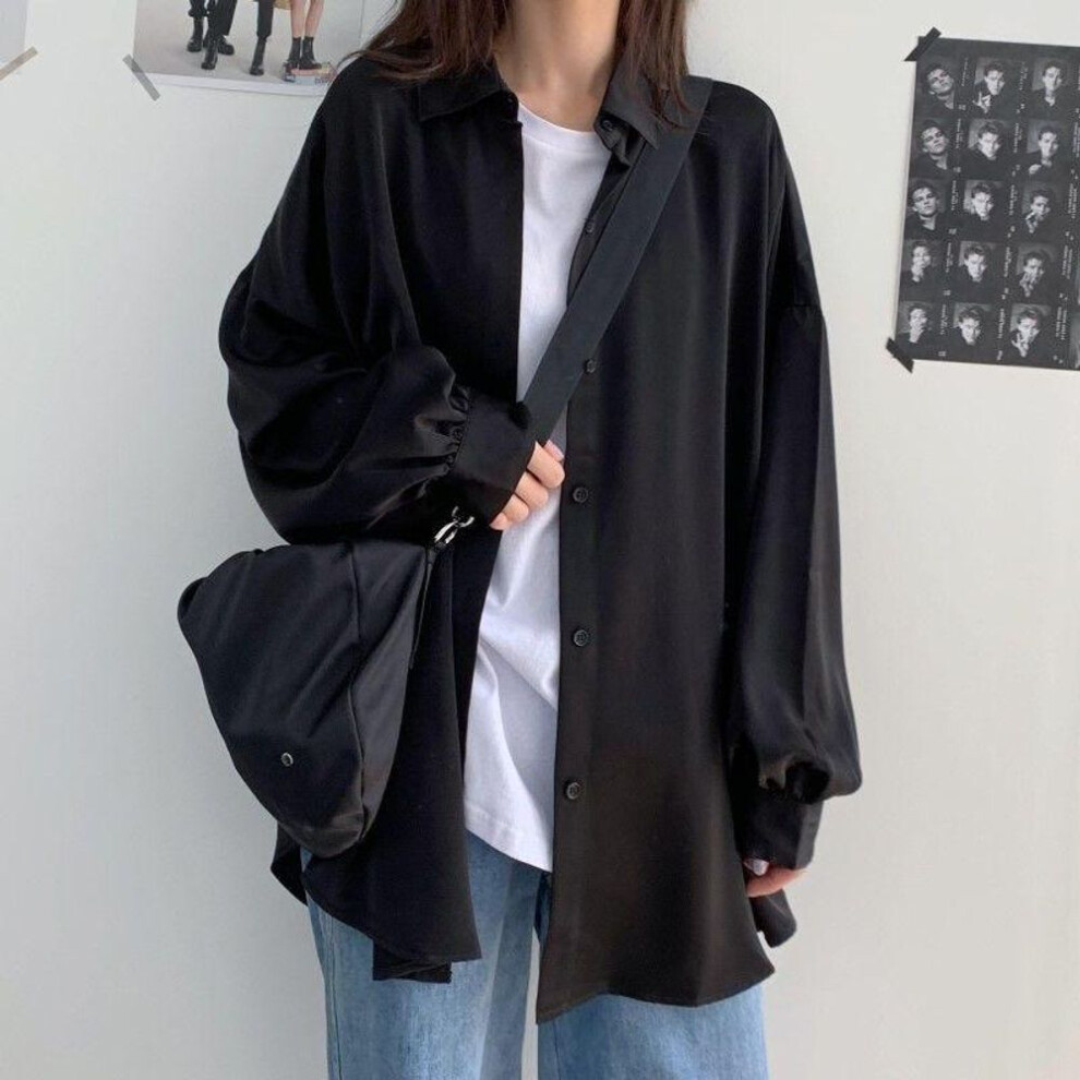 (L, black) Spring Summer Women Shirt Oversize Elegant Blouses For Women Lantern Sleeve Shirt Mid-length Shir Coat Women Tunic