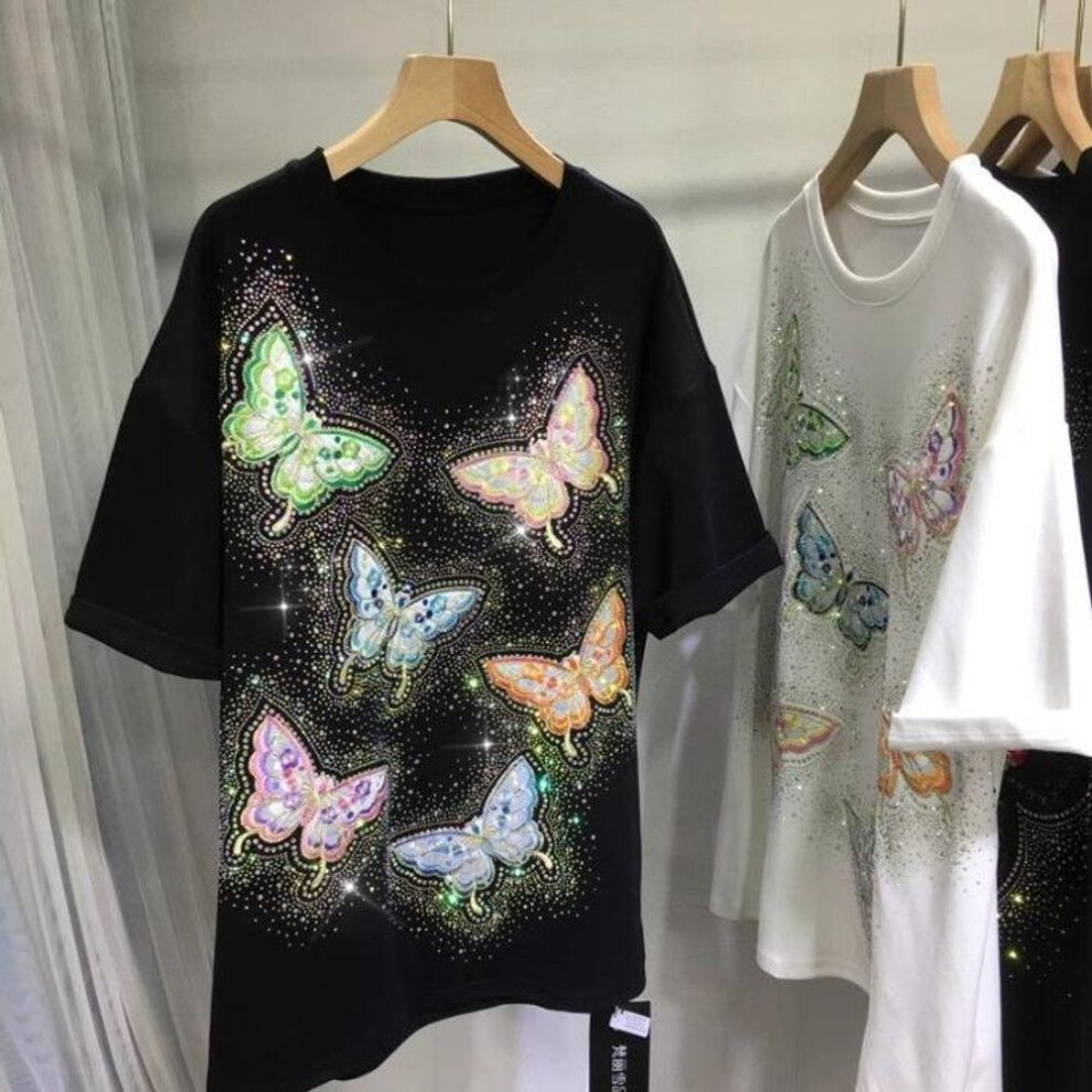 (L, black) Summer Women's T-shirt Tide Drill Embroidery Butterfly Round Neck Fashion Short Sleeve Top