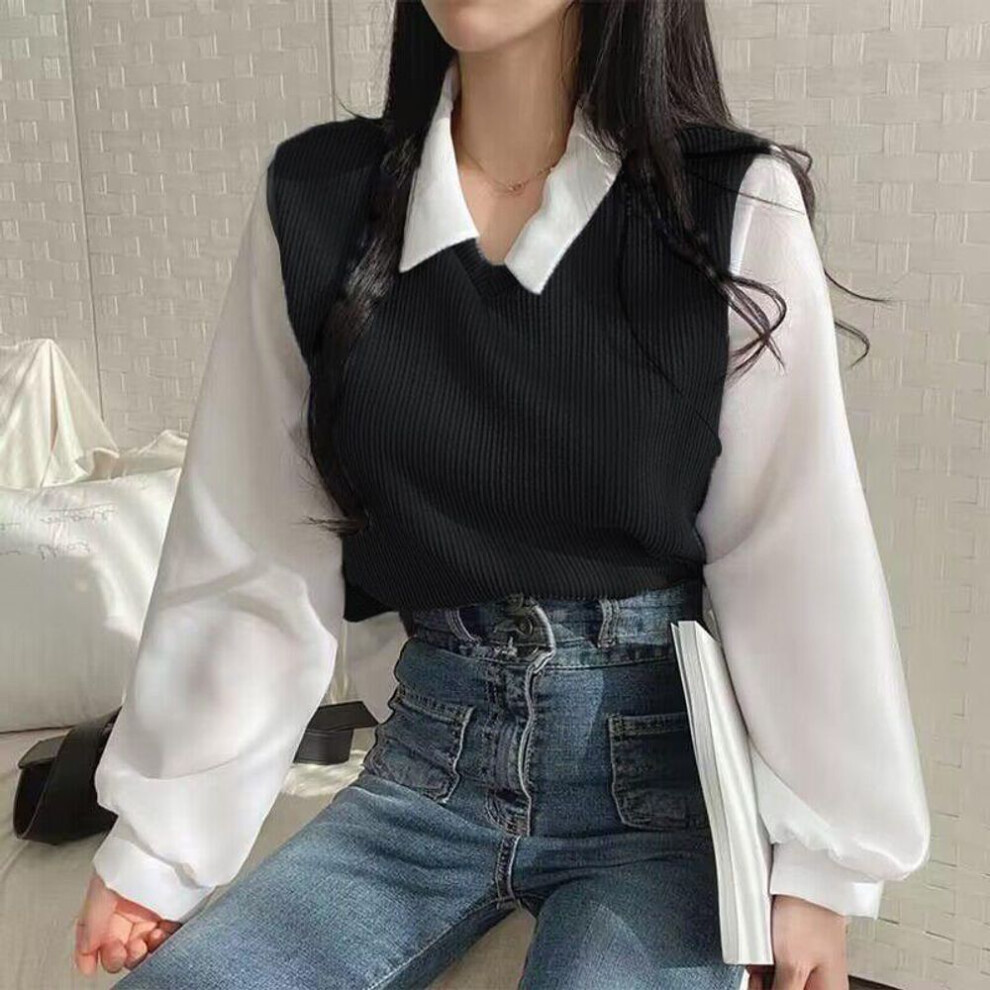 (M, black) Plus Size Women's Splicing Polo Neck Long Sleeve Sweatshirt Threaded Loose Peplum Top