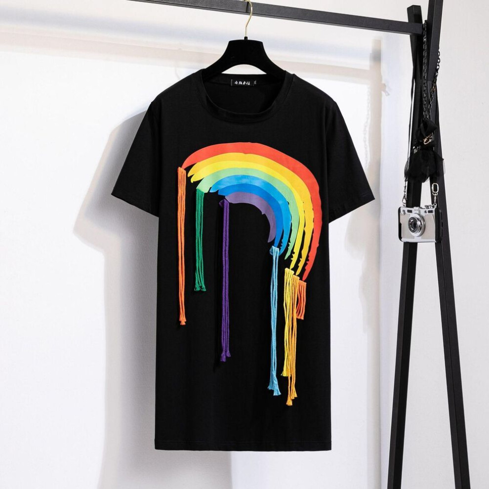(black, 4XL) Summer Women's Rainbow Dress Fashion Dazzling Coolred Plus Size Medium Long T-shirt Dress