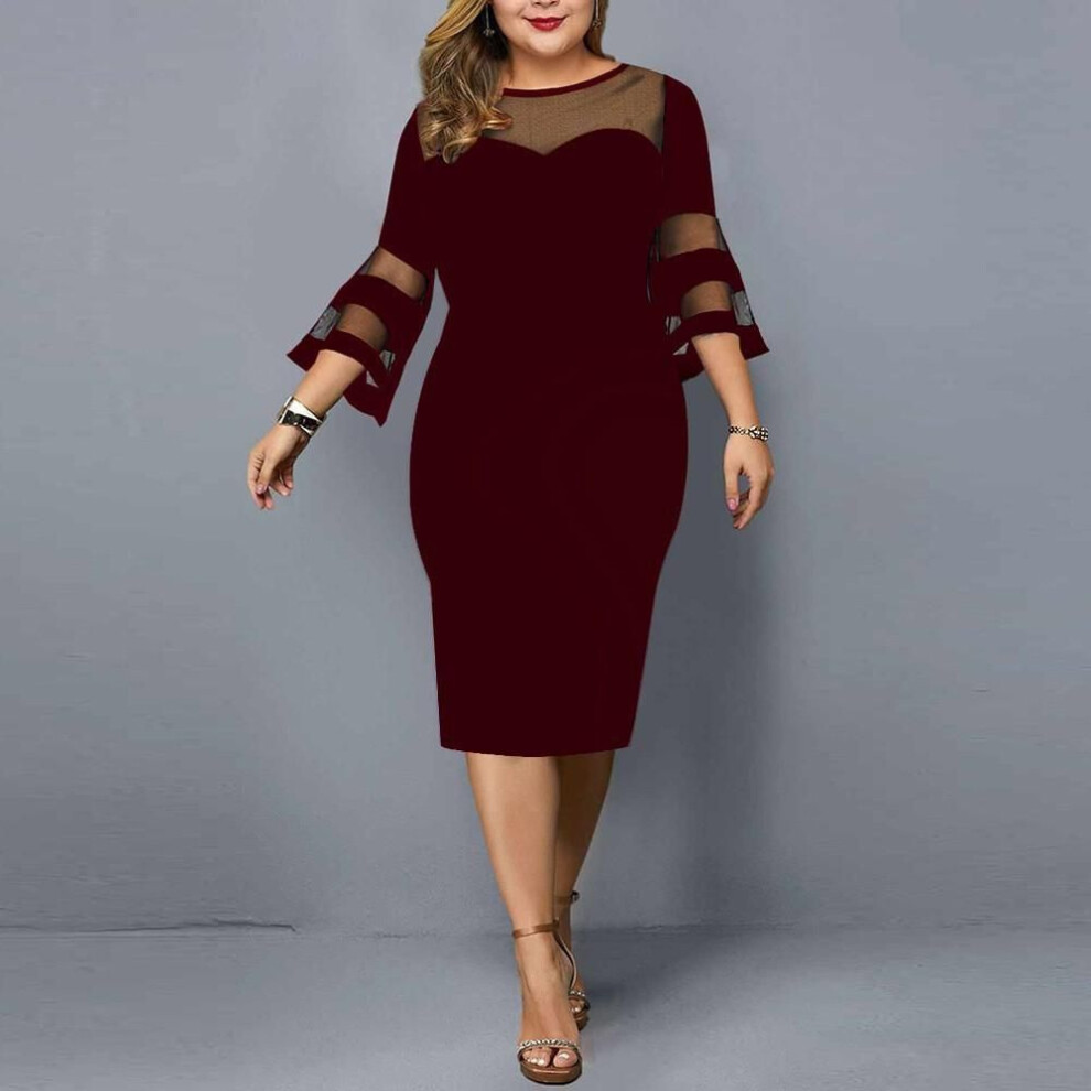 (burgundy, 4XL) Summer Women's Dress Mesh Splicing Plus Size Dresses Hip Dresses