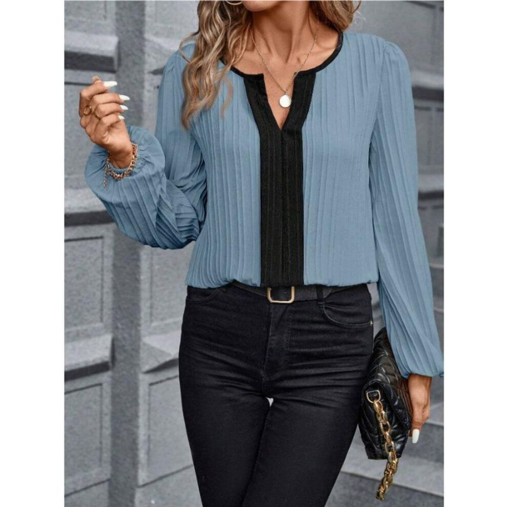 (XL, blue) Spring And Autumn Women's Plus Size Shirt Colorblocking V-neck Bubble Long Sleeve Blouse
