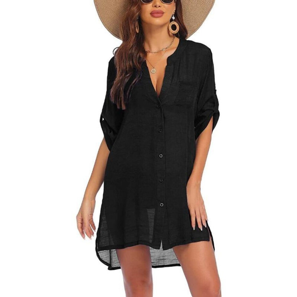(S, black) Summer Women's Plus Size Cardigan Shirt Blouse Dress Mini Short Dress Sunscreen Beach Shirt