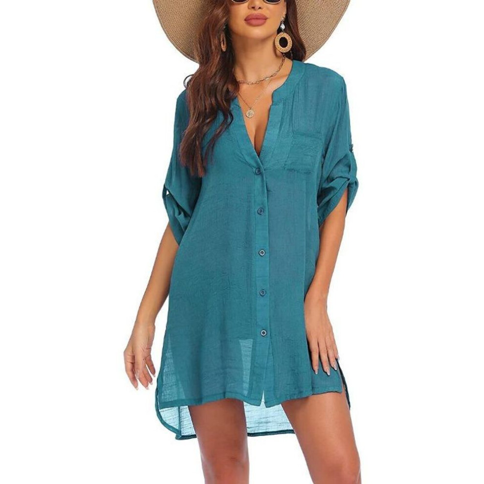 (XL, dark green) Summer Women's Plus Size Cardigan Shirt Blouse Dress Mini Short Dress Sunscreen Beach Shirt