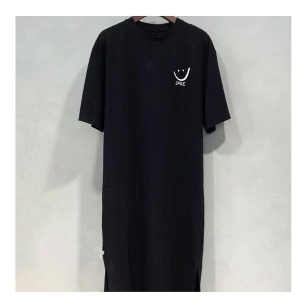 (black, L) Long Knee-length Short-sleeved T-shirt Dress Women's Summer Plus Size Loose Split Dress Homewear