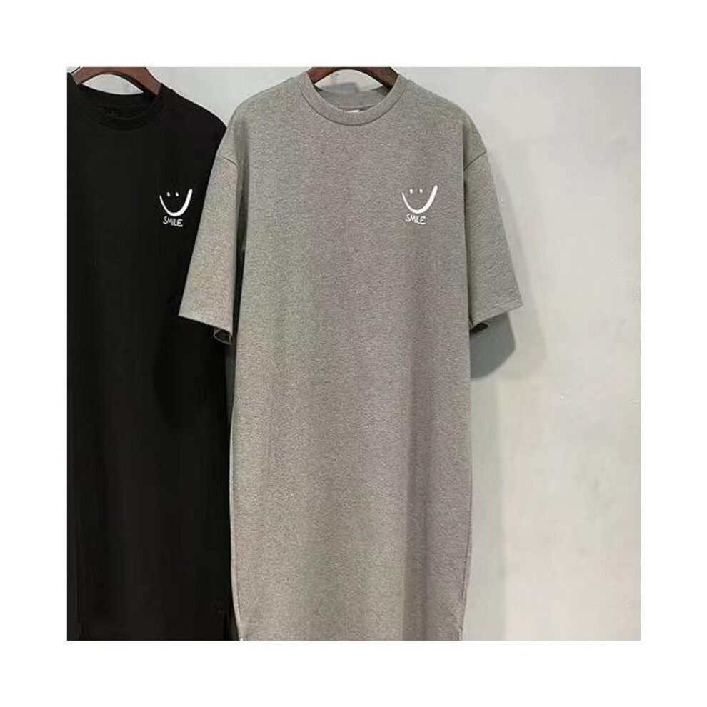 (light grey, 3XL) Long Knee-length Short-sleeved T-shirt Dress Women's Summer Plus Size Loose Split Dress Homewear