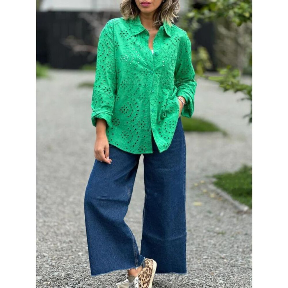 (4XL, green) Plus Size Spring And Autumn Women's Solid Colour Shirt Loose Embroidery Hollow Long Sleeve Top