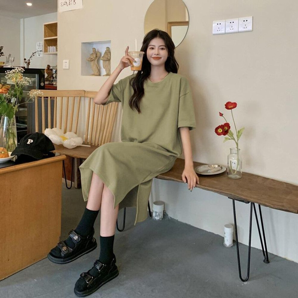 (army green, M) Plus Size Short Sleeve Casual Dress Women's Summer Loose Solid Colour Medium Long Knee Split T-shirt Dresses