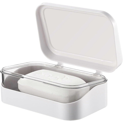 (As show, One size) 1Pc Soap Box with Removable Drainer and Lid, Plastic Soap Case Holder, 2 Layers Rectangular Soap Dish Container (White)