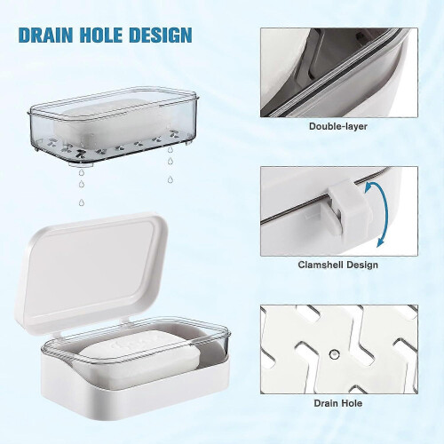 (As show, One size) 1Pc Soap Box with Removable Drainer and Lid, Plastic Soap Case Holder, 2 Layers Rectangular Soap Dish Container (White) 2