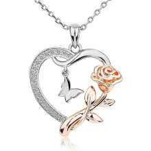 (As show, One size) Heart Shaped Butterfly Rose Pendant Necklace 925 Sterling Silver, Ladies Heart Necklace 16k Gold Plated, Birthday Jewelry Gift For Girls