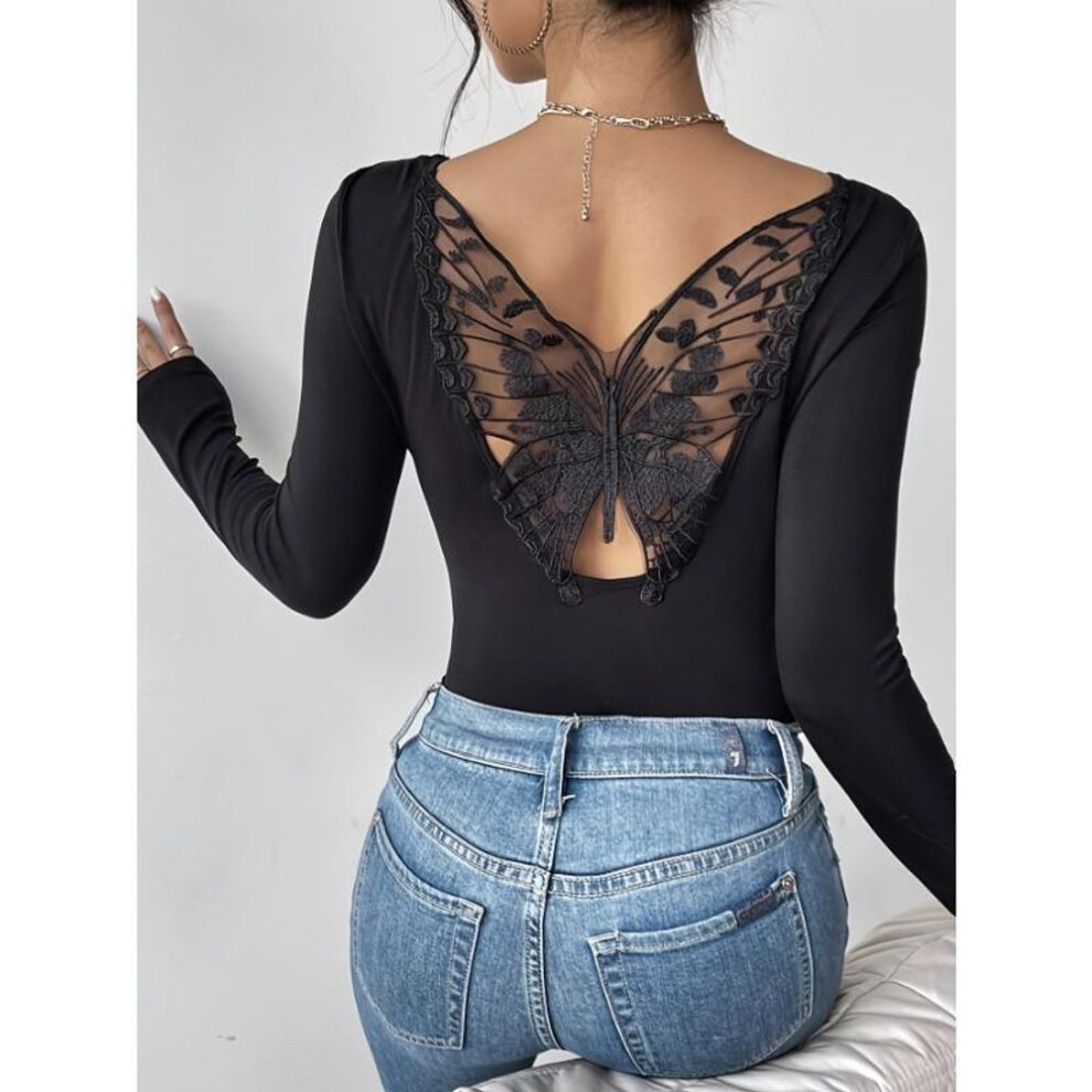 (L, black) Women's New Elegant Back Hollow Paste Hu Die Lace Long-sleeved Solid-coloured T-shirt Thin Tops