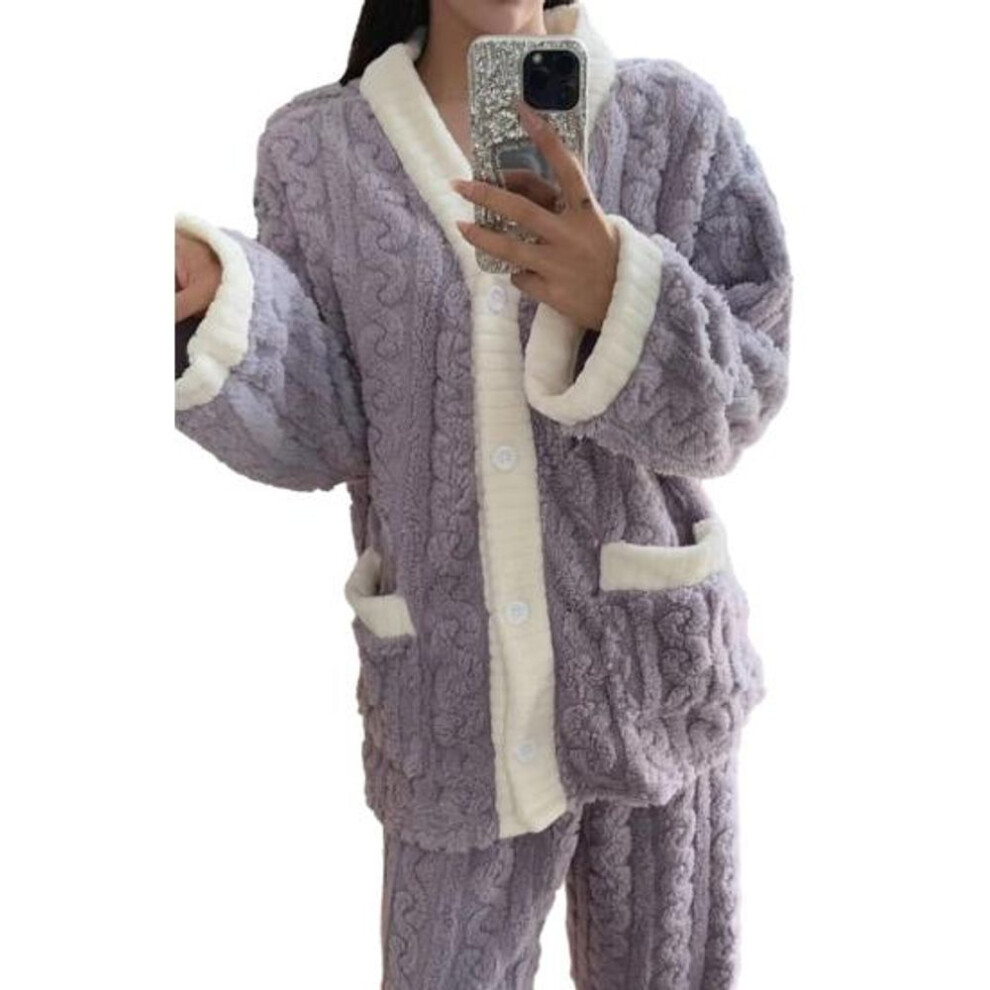 (M, purple) 2pcs/set Women Warm Loungewear Set Autumn Winter Thickened Plush Thermal Pajamas Set V-neck Long Sleeve