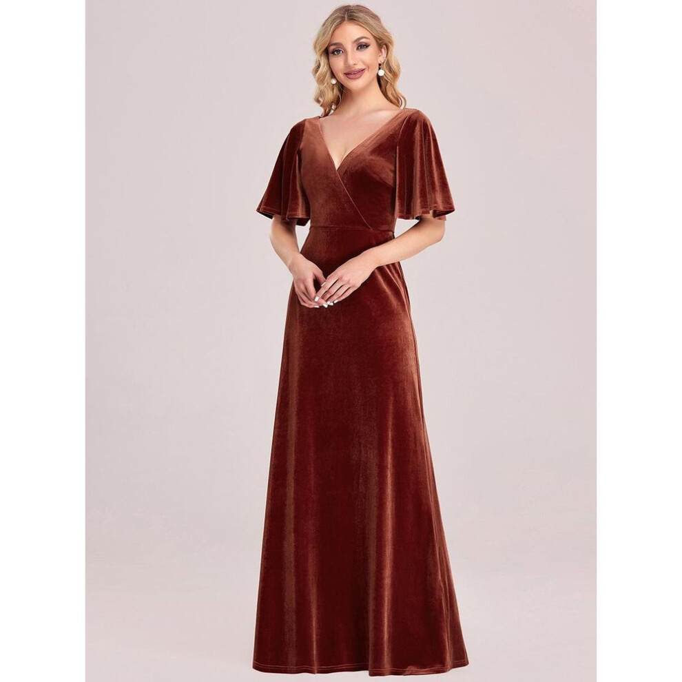(brick red, S) Ever-pretty Women's Retro V-neck Wrap Velvet Maxi Dresses Long Formal Dresses