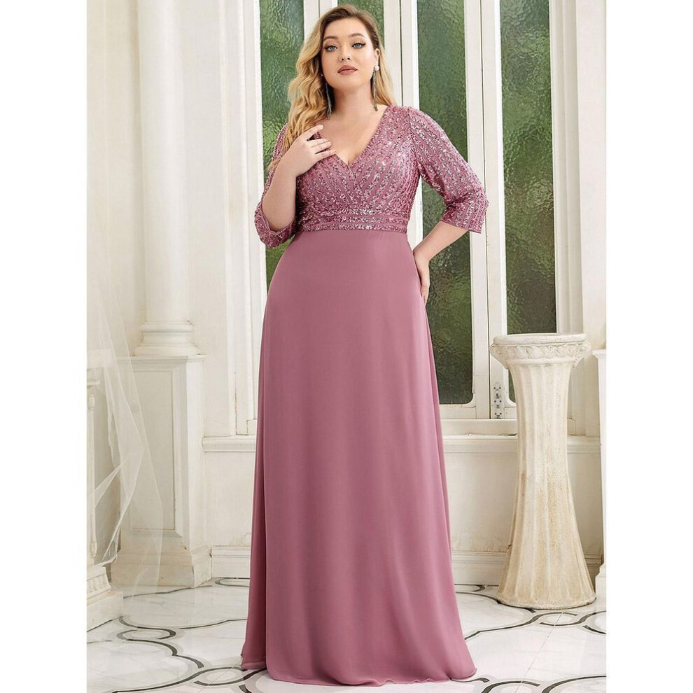 (orchid, S) Ever-pretty Women's Deep V-neck Chiffon Sparkle Plus Size Evening Dress With 3/4 Sleeve