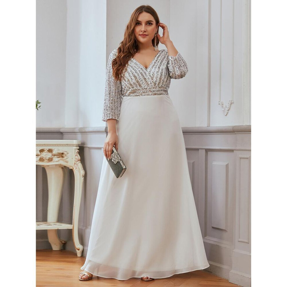 (white, XL) Ever-pretty Women's Deep V-neck Chiffon Sparkle Plus Size Evening Dress With 3/4 Sleeve
