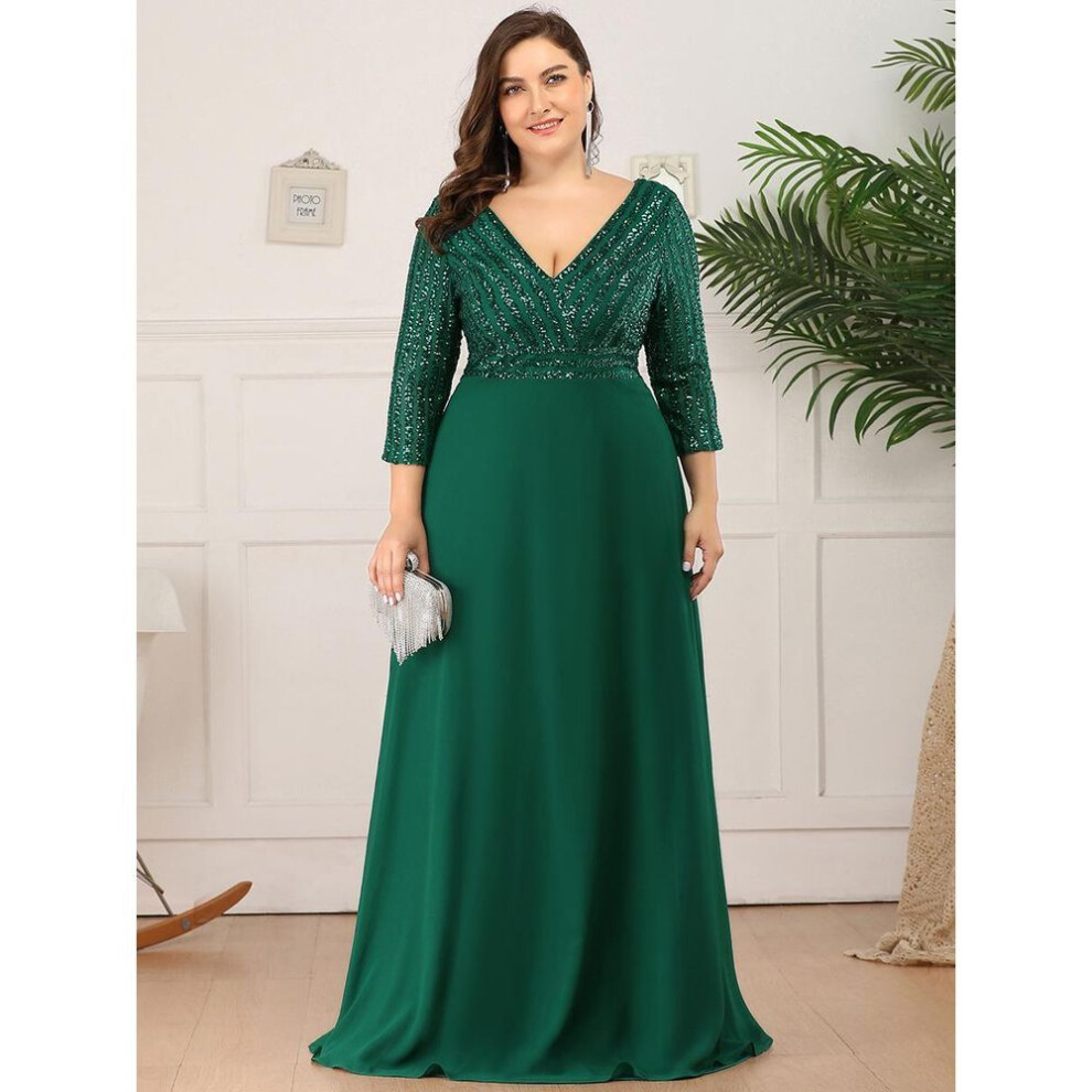 (dark green, L) Ever-pretty Women's Deep V-neck Chiffon Sparkle Plus Size Evening Dress With 3/4 Sleeve