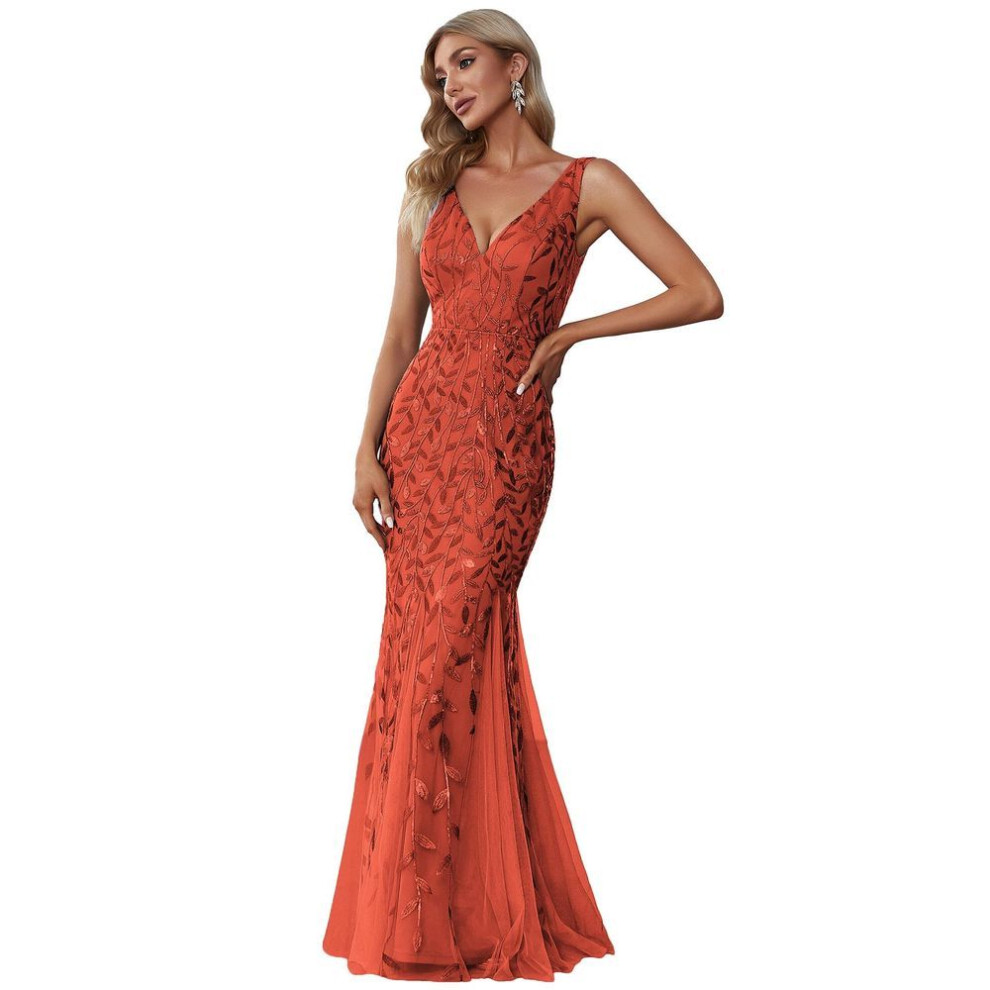 (burnt orange, 2XL) Ever-pretty Women's Classic Double V-neck Sequin Fishtail Maxi Dresses Evening Gowns