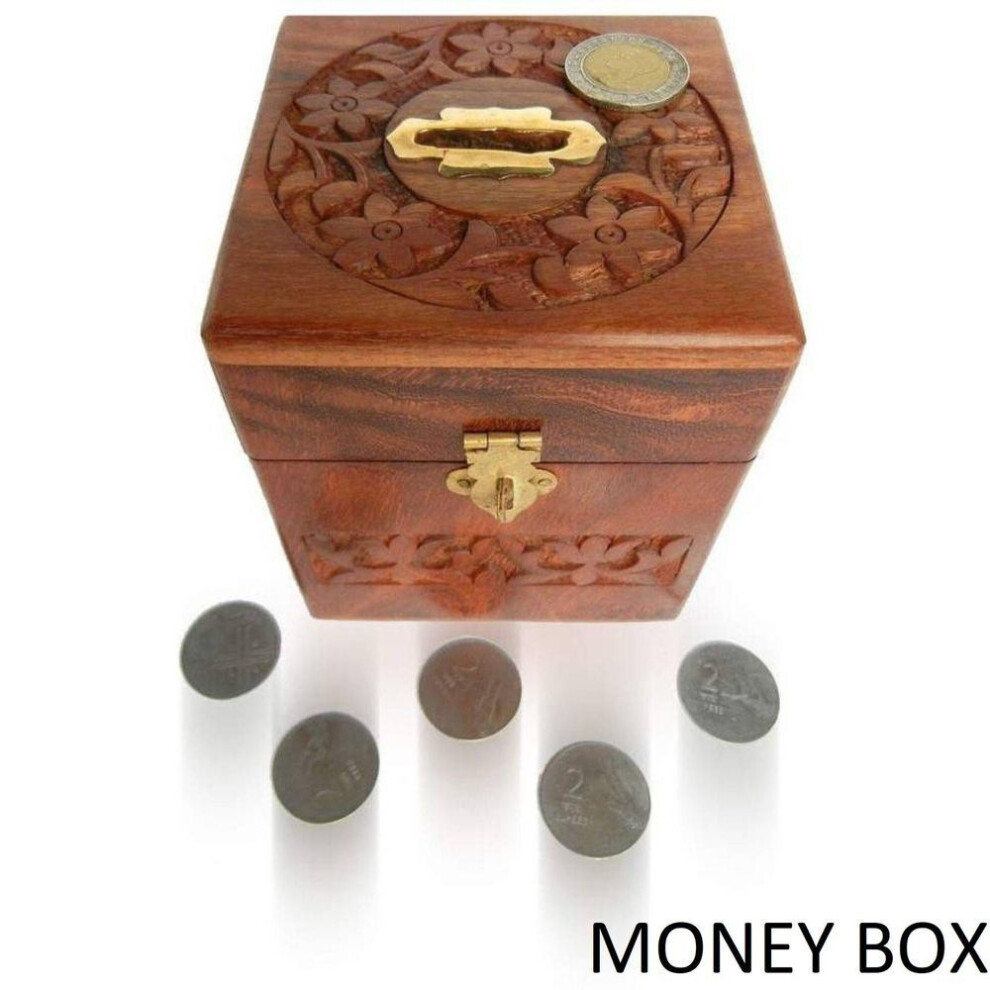 Wooden Money Box Square Carved Handicraft Gift Item Coin Bank  (brown)