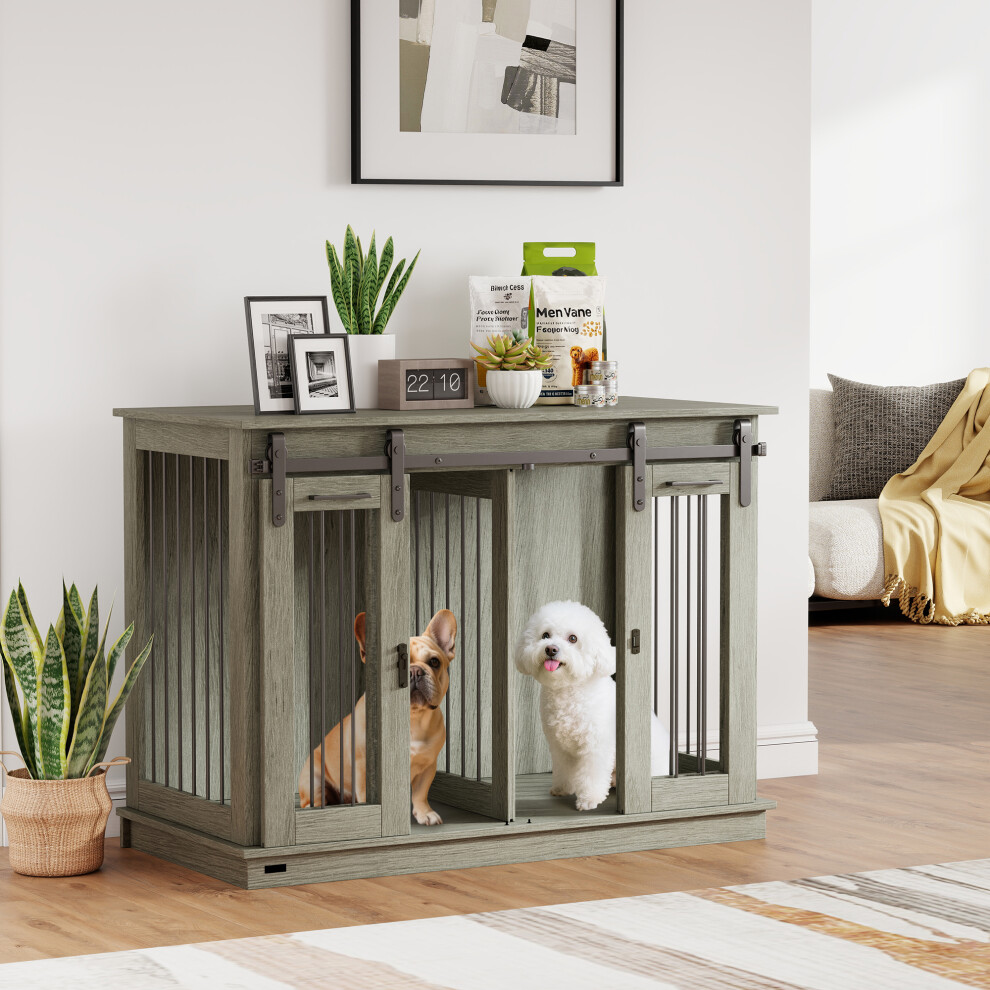 PawHut Dog Crate Furniture for Large Dogs, Double Dog Cage for Small Dogs, Grey