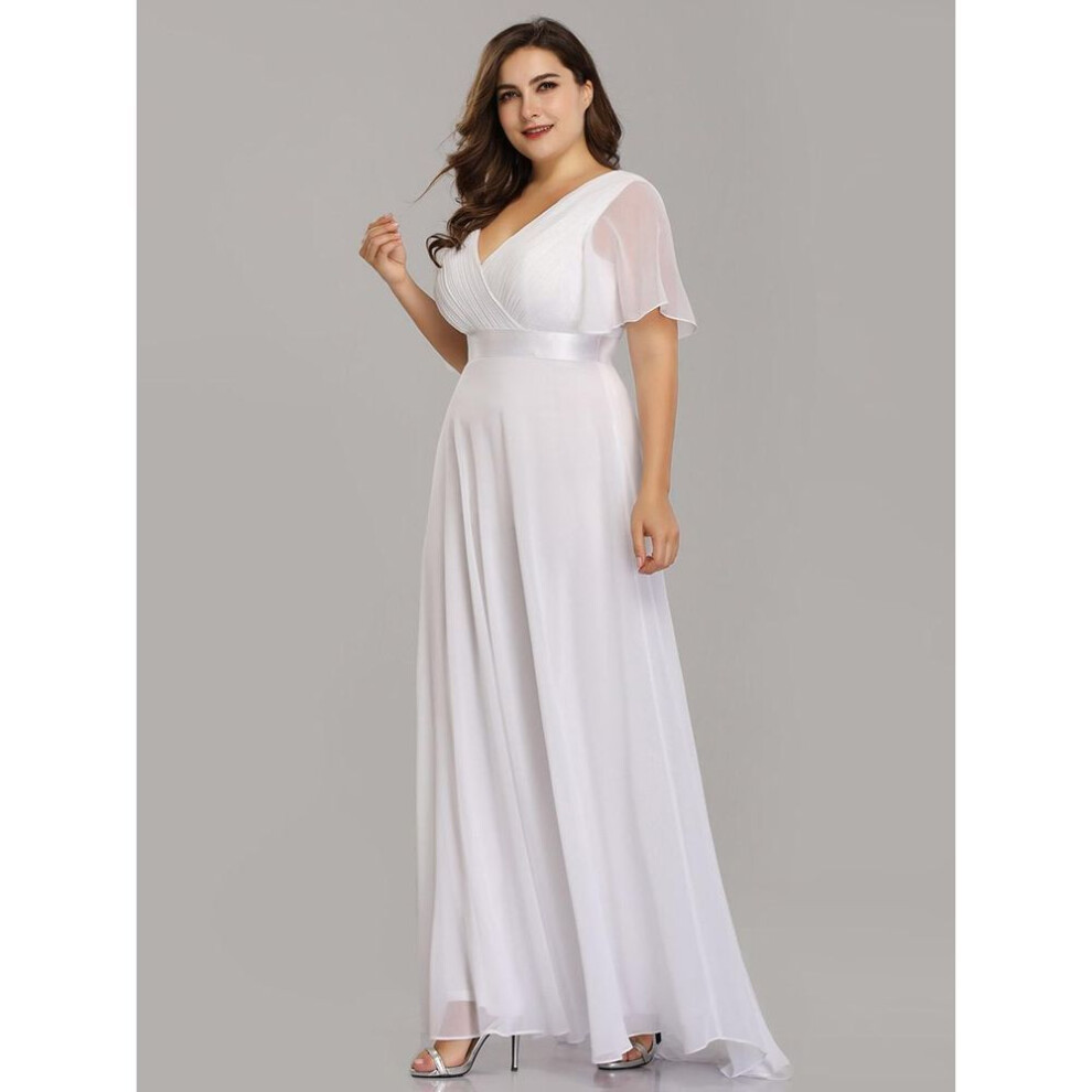 (white, 4XL) Ever-pretty Women's Double V-neck Minimalist A-line Ruffles Chiffon Plus Size Wedding Dress With Satin Belt