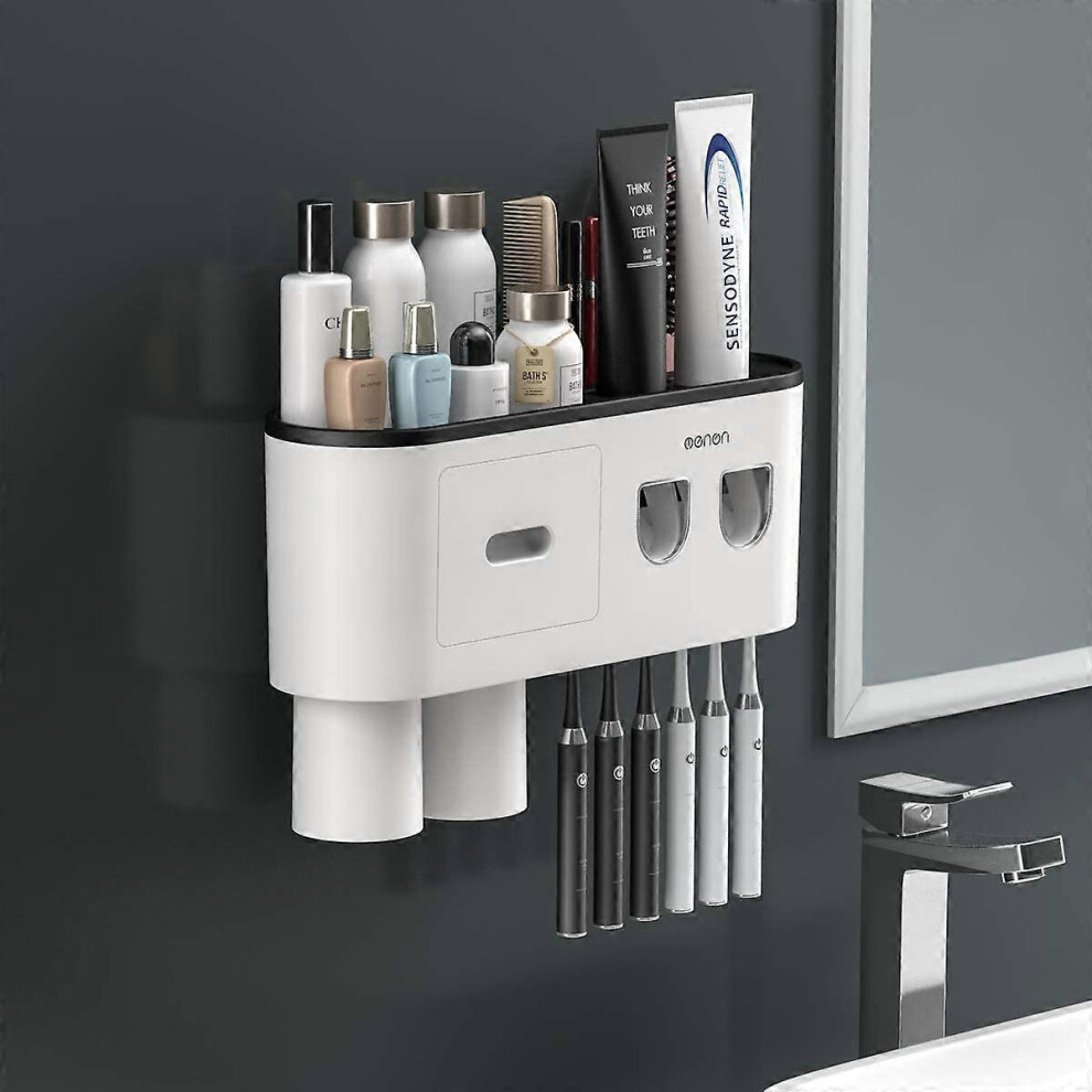 (As show, One size) Double Automatic Toothpaste Dispenser with Toothbrush Holder (2cups), Storage Organizer with 6 Toothbrush Slots, Cosmetic Storage