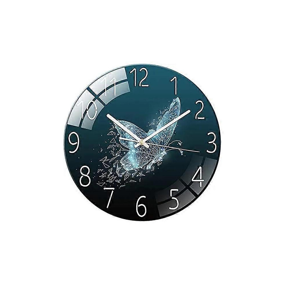 (As show, One size) Silent Tempered Glass Wall Clock 30cm - For Living Room, Kitchen, Office and Bedroom, Quiet Home Bedroom Quartz Clock Modern Ideas (Flying Butterfly)